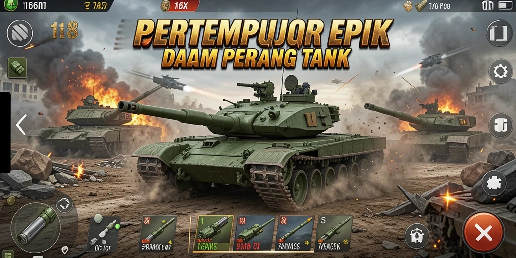 Tampilan antarmuka pertempuran tank yang mendebarkan dan detail.