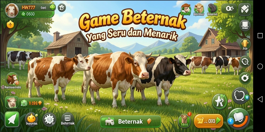 Antarmuka menarik dari game Beternak HW777 yang penuh warna.